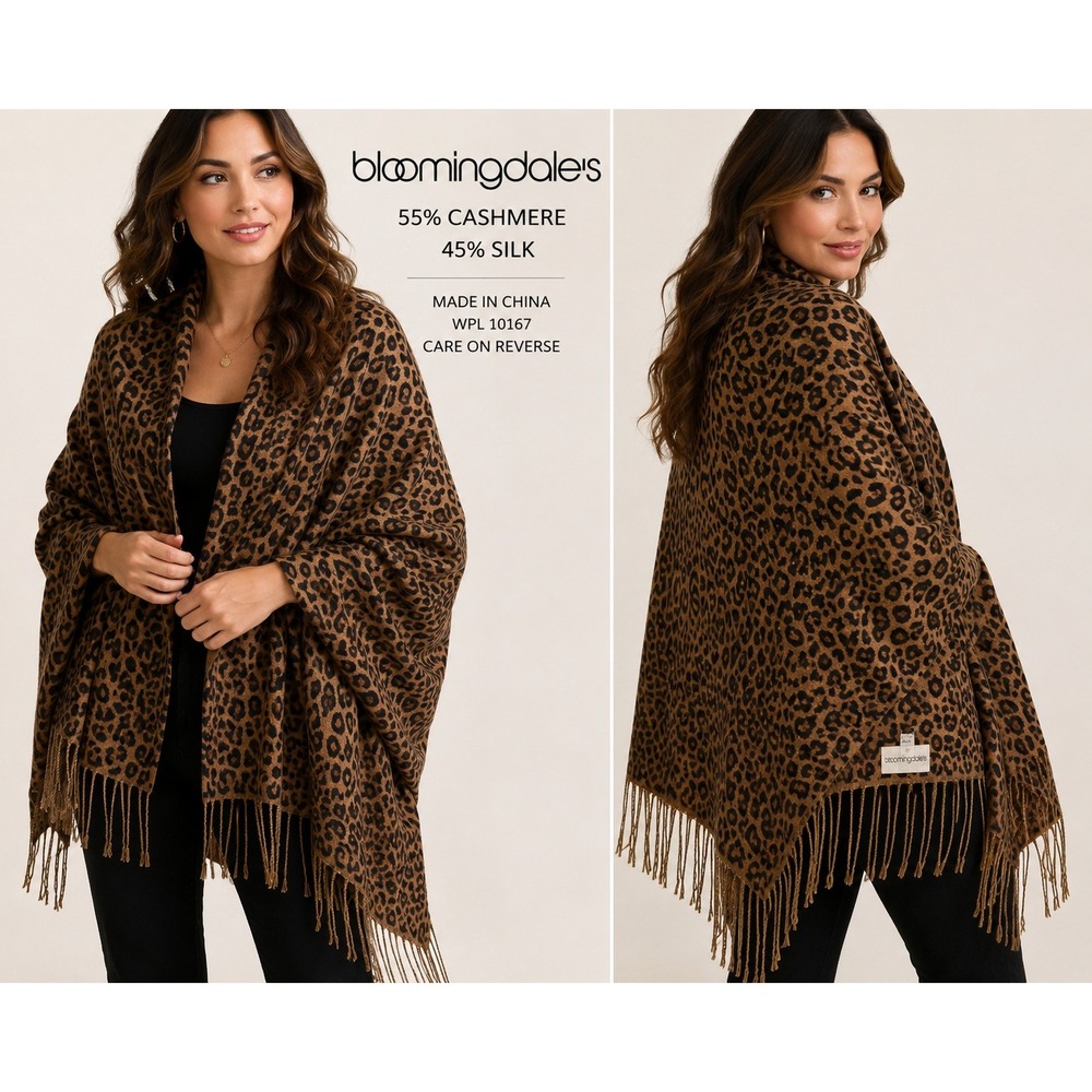 Bloomingdales Leopard Print Cashmere Silk Scarf Wrap Brown Animal Print Fringe
